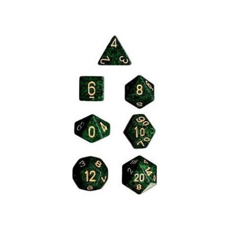 Set de 7 dados Chessex moteados verde y dorado