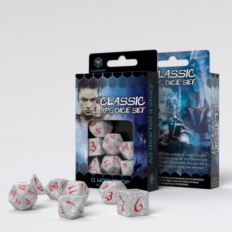 Set de dados clásicos RPG transparentes en color azul y rojo