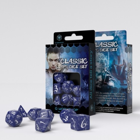 Set de dados clasicos RPG en color azul cobalto y blanco - accesorio juego de rol