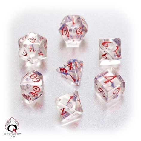 Set de dados clásicos RPG transparentes en color azul y rojo