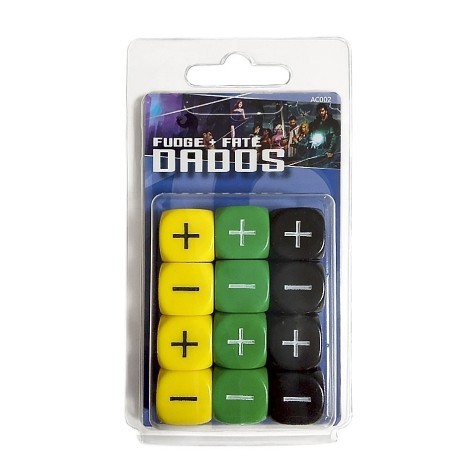 12 dados fate / fudge en amarillo, verde y negro