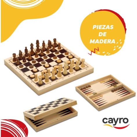 Ajedrez, Damas y Backgammon 3 en 1 Madera - juego de mesa