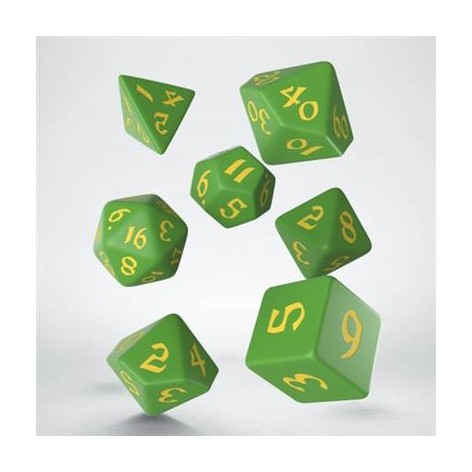 Set de dados clasicos runicos RPG en color verde y amarillo - accesorio juego de rol