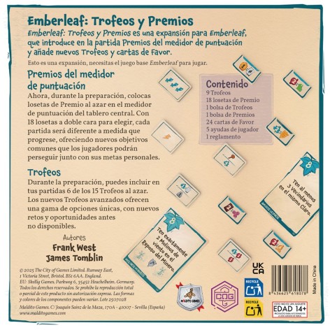 Trasera de la caja de Emberleaf: Trofeos y Premios, una expansión para el juego de mesa Emberleaf