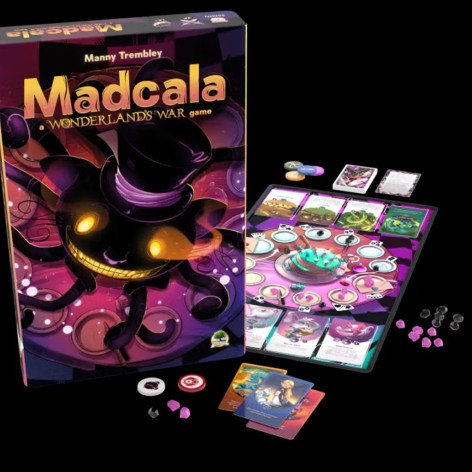 Portada y componentes del juego de mesa Madcala: Un Juego de Wonderland Wars