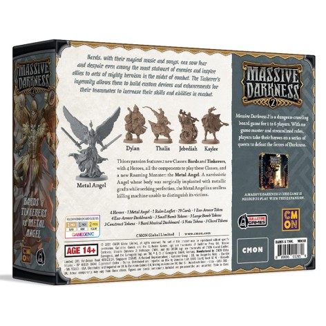 Portada de la expansión Massive Darkness 2: Heroes and Monster Set – Bards and Tinkerers vs Metal Angel (castellano)