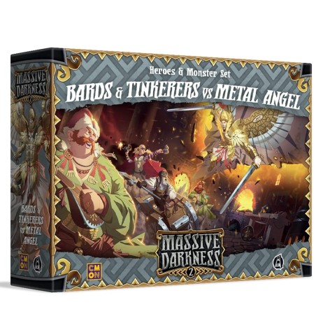 Portada de la expansión Massive Darkness 2: Heroes and Monster Set – Bards and Tinkerers vs Metal Angel (castellano)