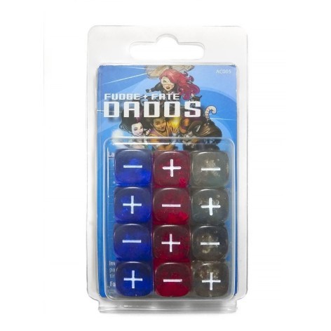 12 dados fate / fudge transparentes en rojo, azul y humo 